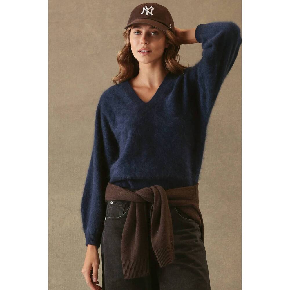NEW 27 MILES MALIBU sue fuzzy cashmere v neck pullover sweater in navy